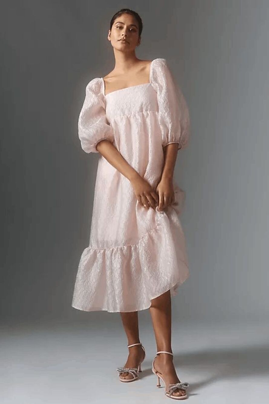 Anthropologie Pink Textured Puff-Sleeve Midi Dress Women's Size XXS NWT